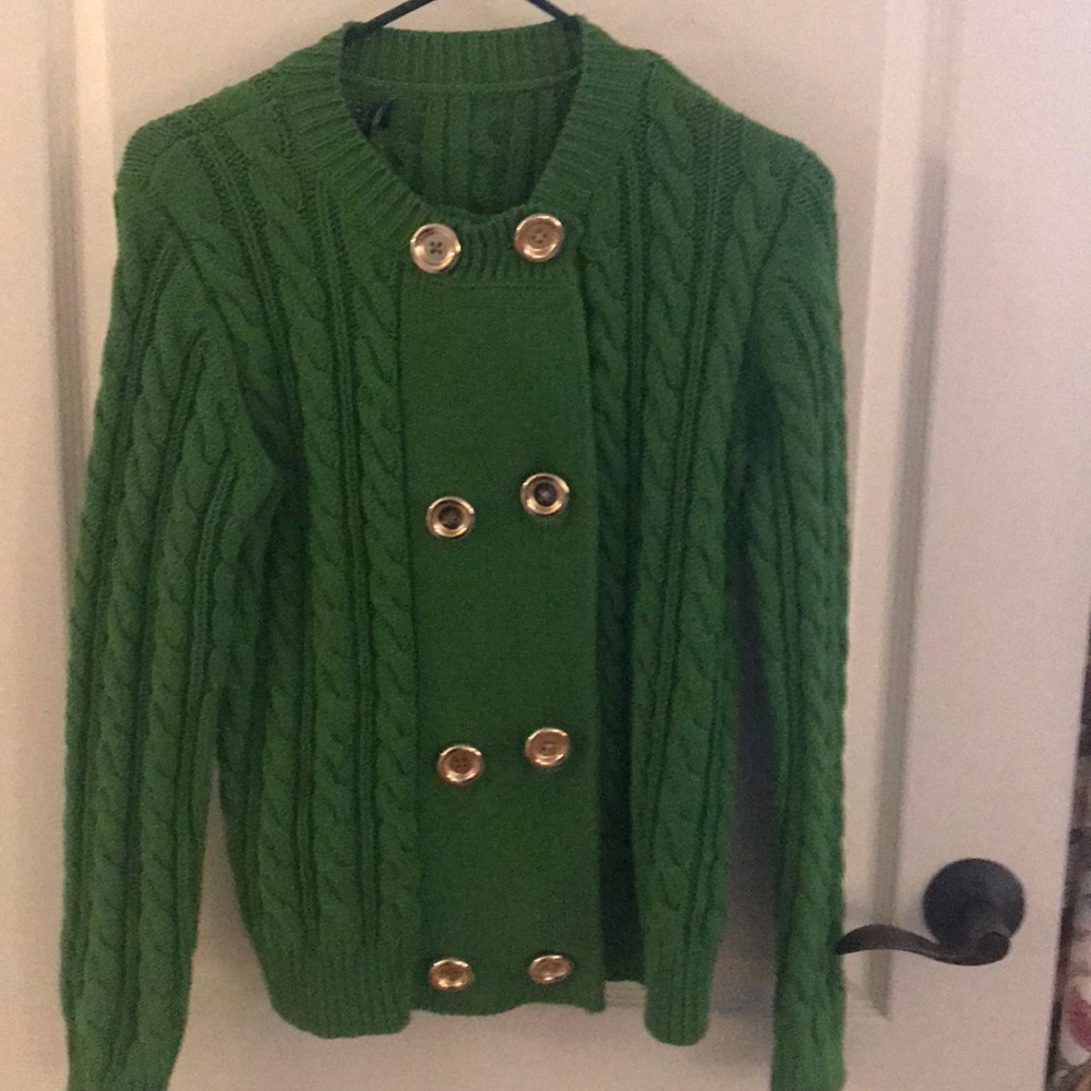 Green Cable Knit Sweater with brass buttons.